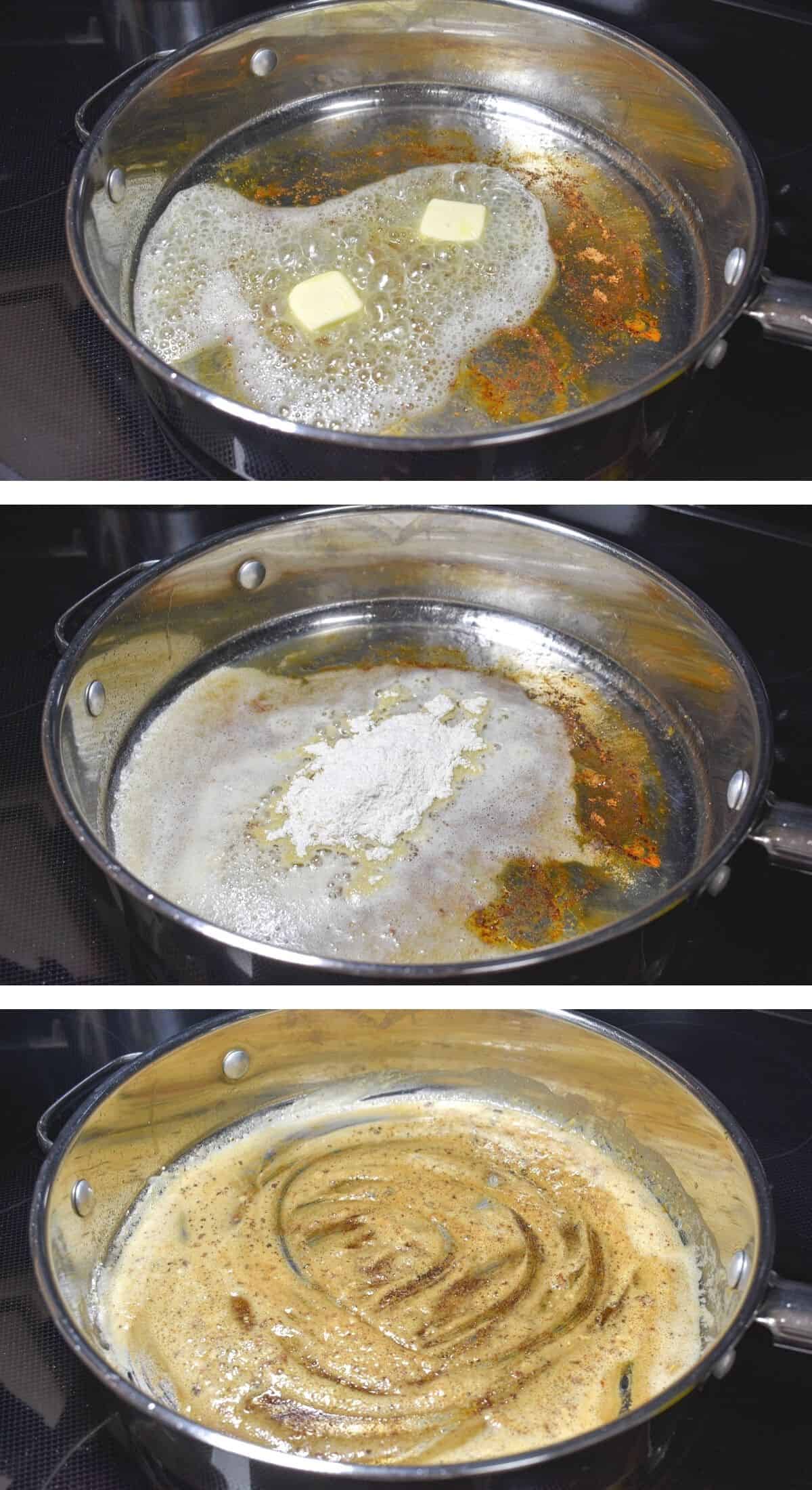 Three images showing how to make the butter and flour mixture in a large skillet.