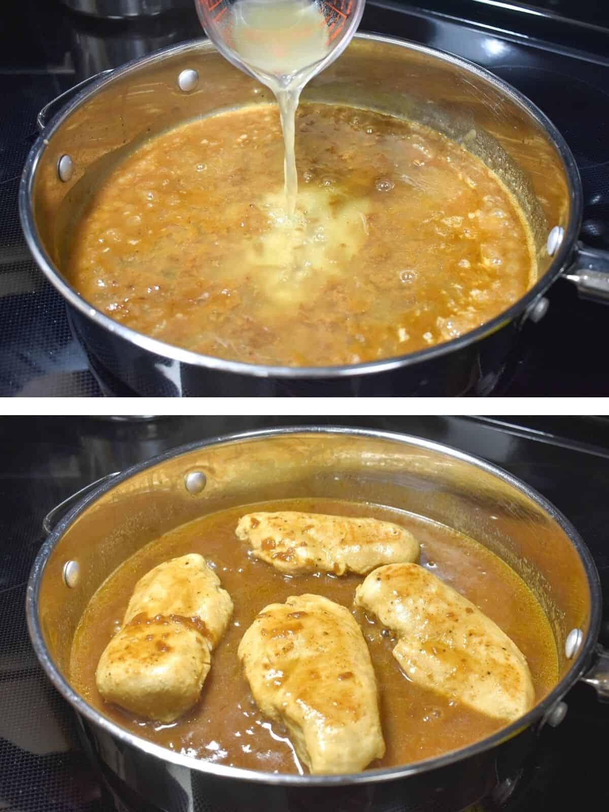 Two images showing the soup and chicken broth in the skillet then the chicken added back in.