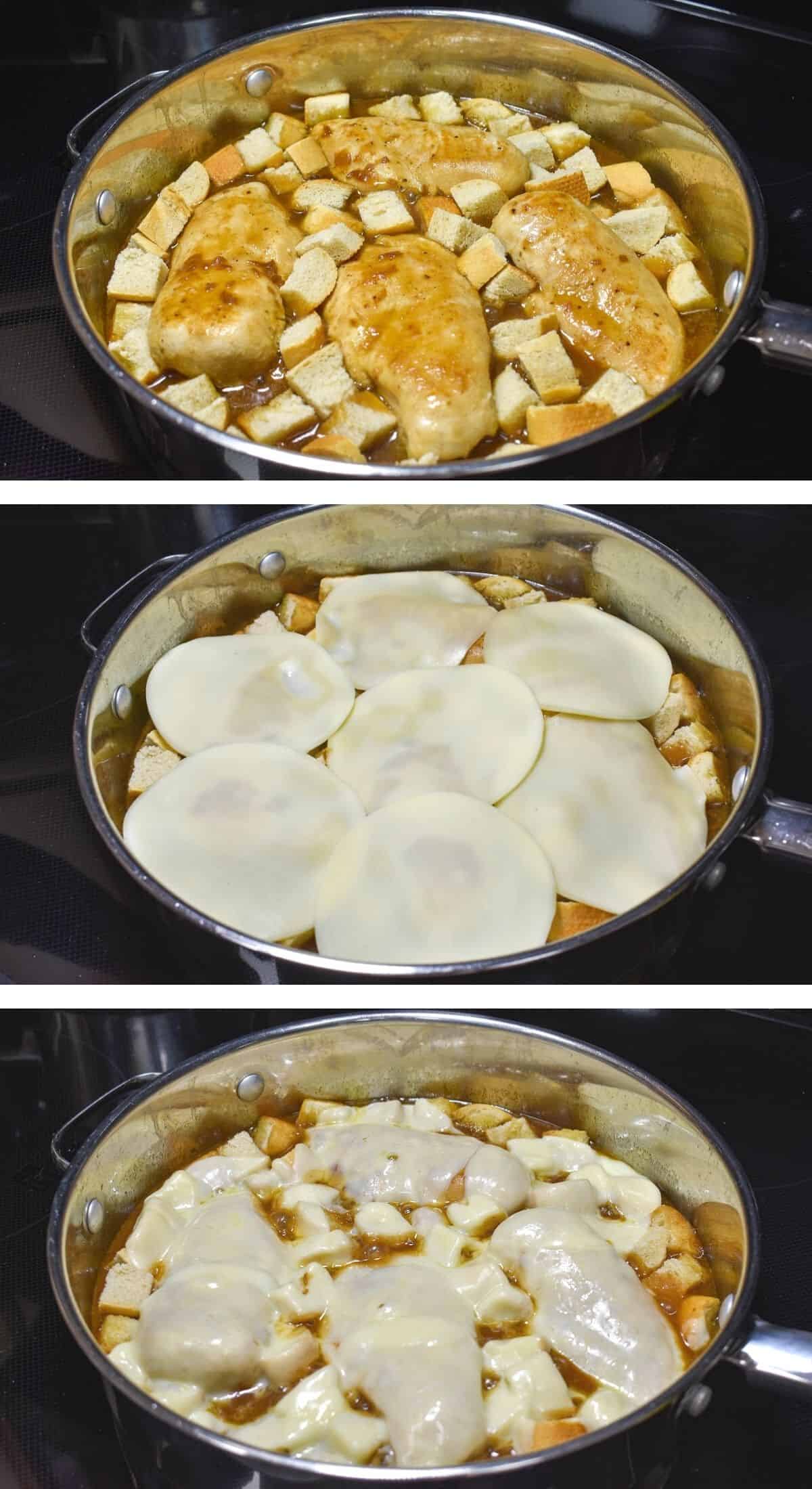 A collage of three images showing the chicken in the skillet with the bread cubes and the cheese melted on top.