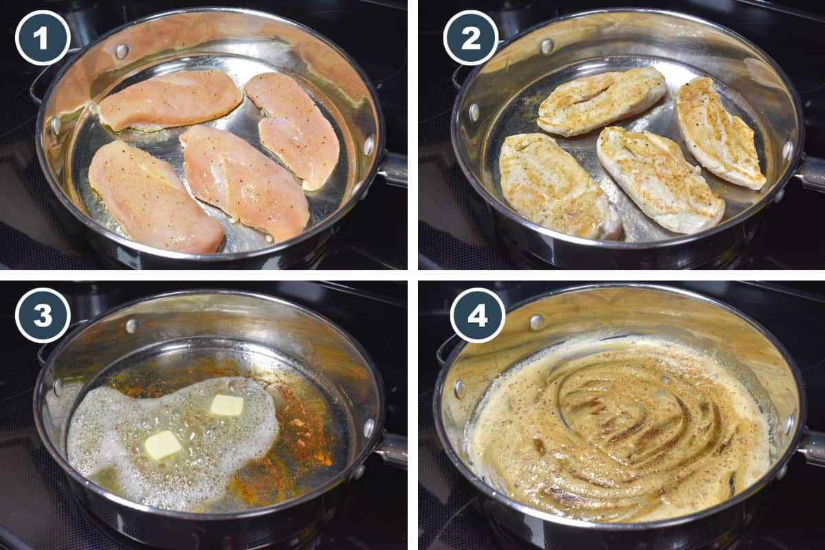A collage of four images showing steps one through four of making the chicken.