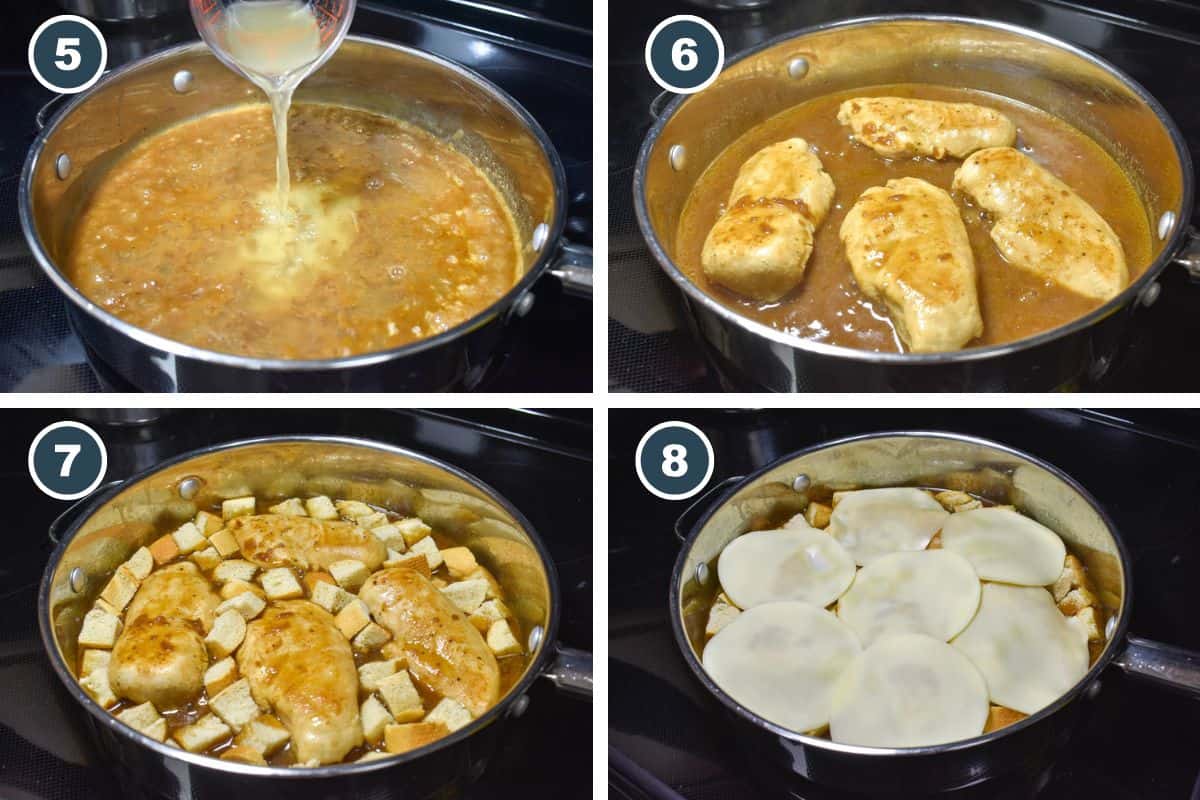 A collage of four images showing steps five through eight of making the chicken.