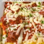 Baked pasta and meatballs pin.