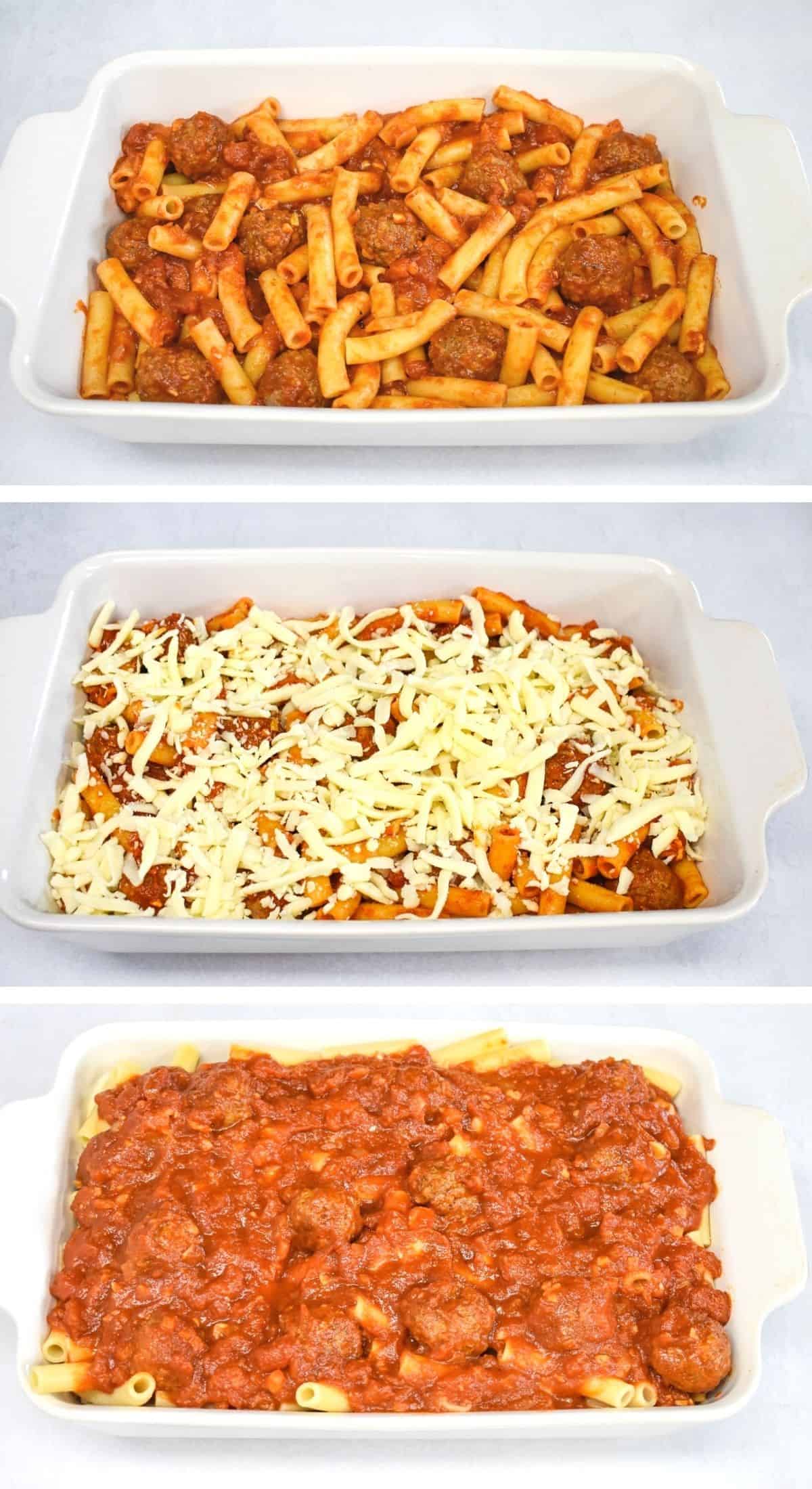 Three images showing how to build the meatball pasta bake.