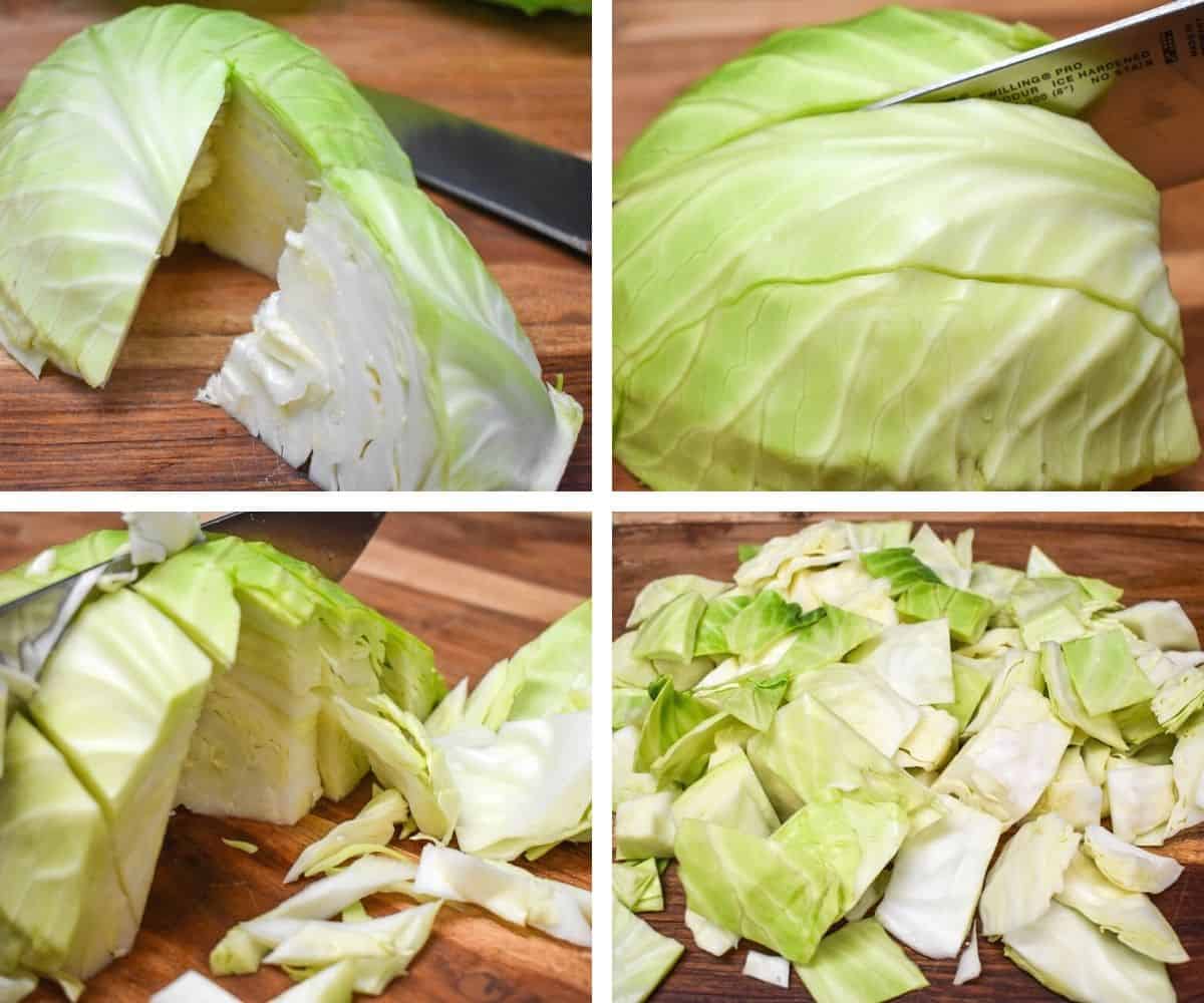 A collage of four images showing the steps to cut cabbage.