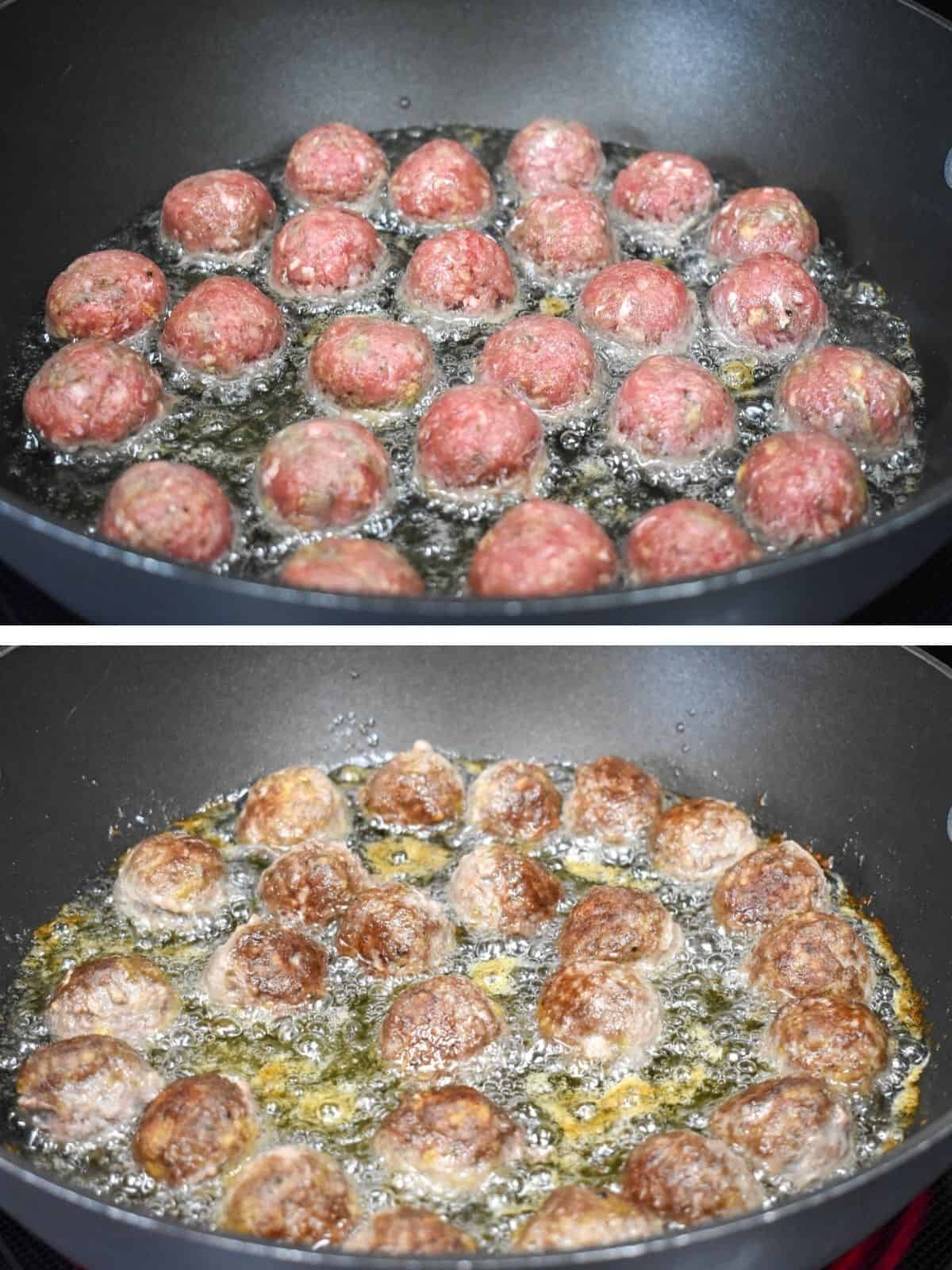 A collage of two images showing how to brown the meatballs.