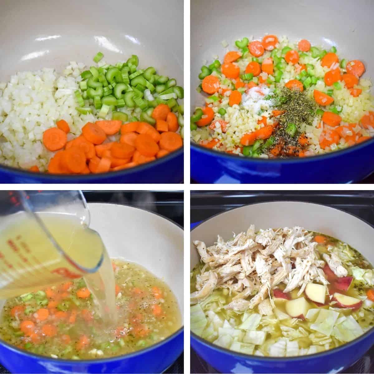 A collage of four images showing the steps to making the soup in a large blue pot.
