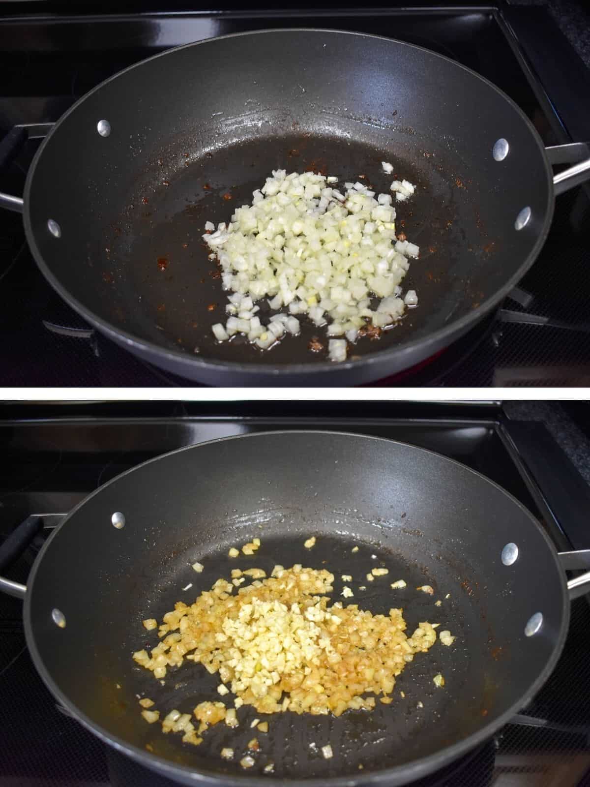 Two images showing sauteing the onions and the garlic, in a large, black skillet.