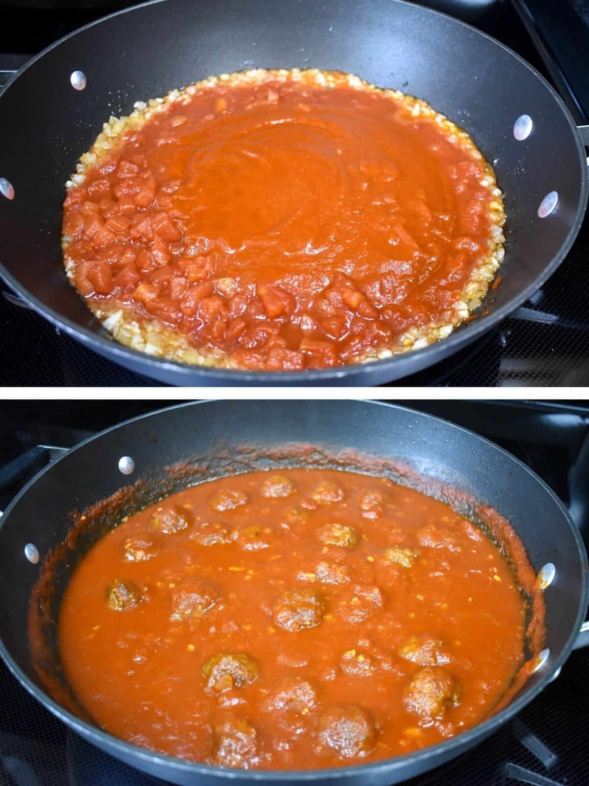 Two images showing how to make the meatball sauce, in a large, deep skillet.