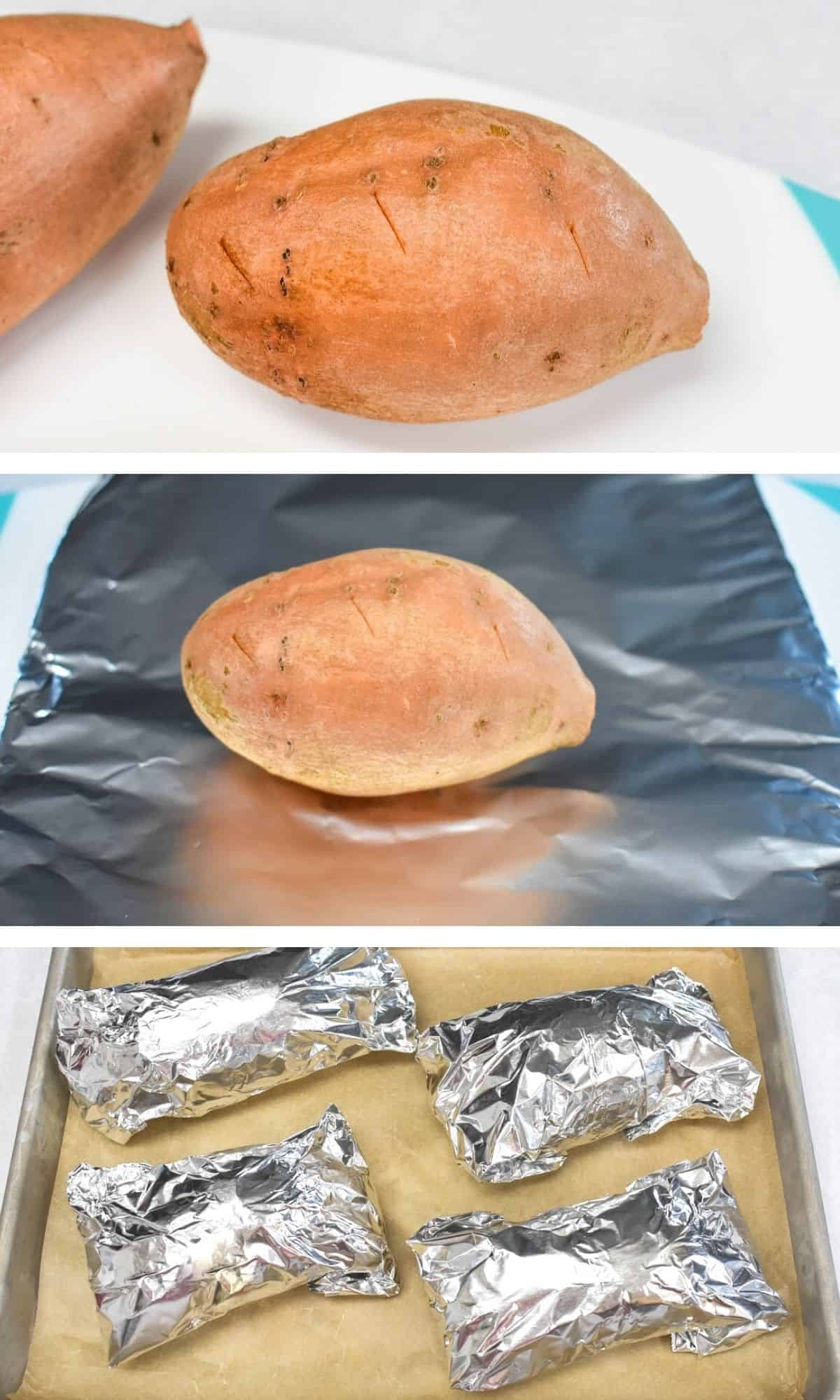 A collage of three images showing how to wrap a sweet potato in foil.