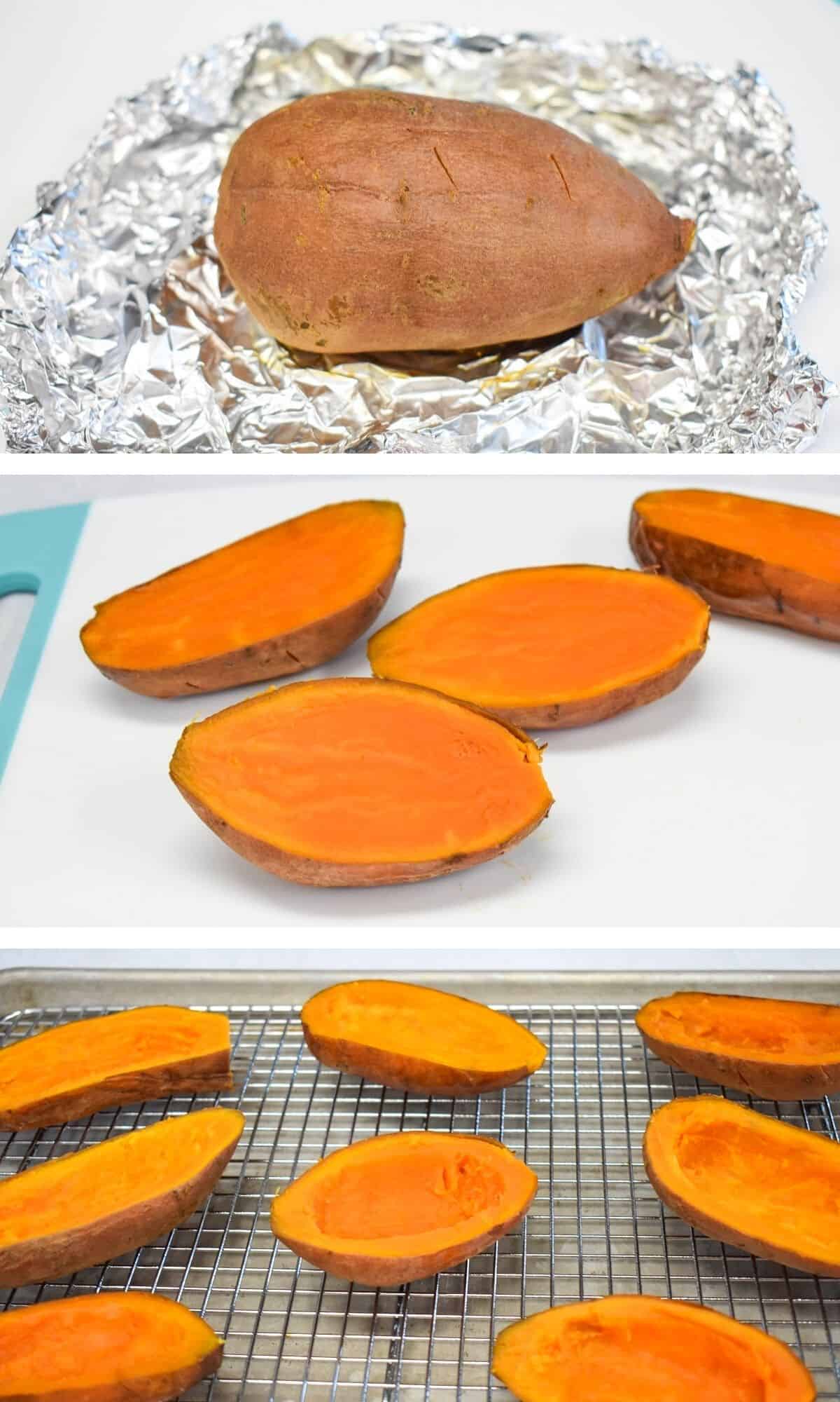A collage of three images showing how to cut and scoop the sweet potato.