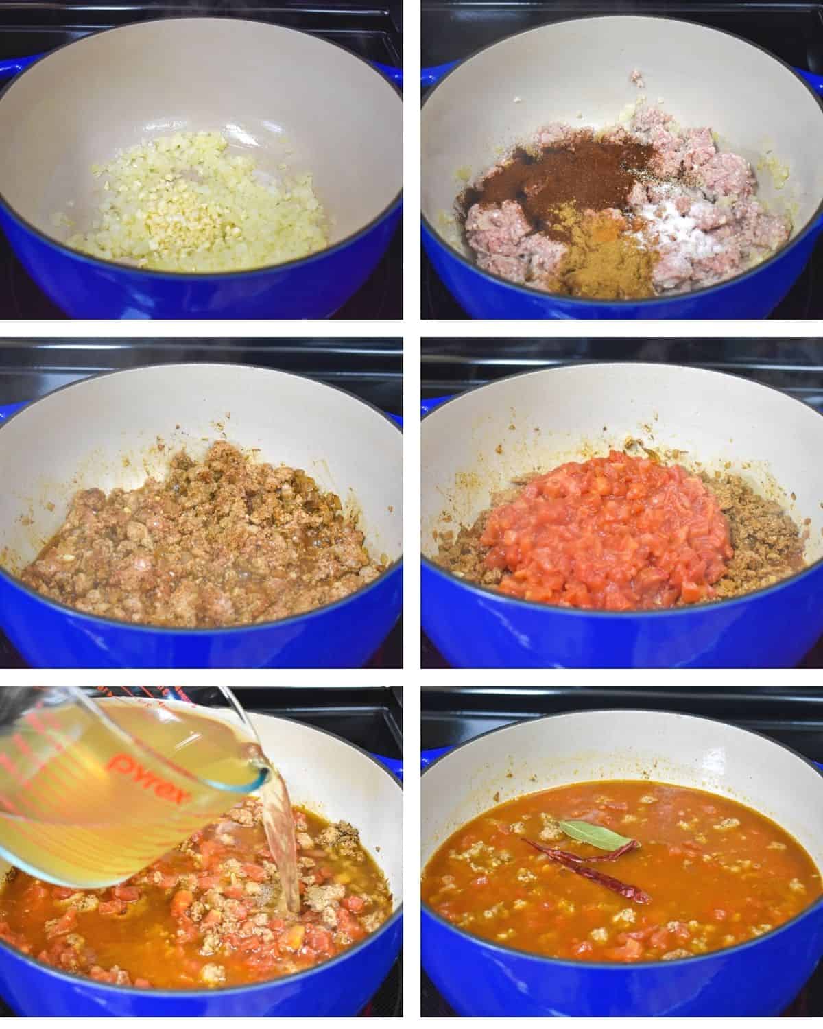 A collage of six images showing the steps of making the chili in a large blue pot.