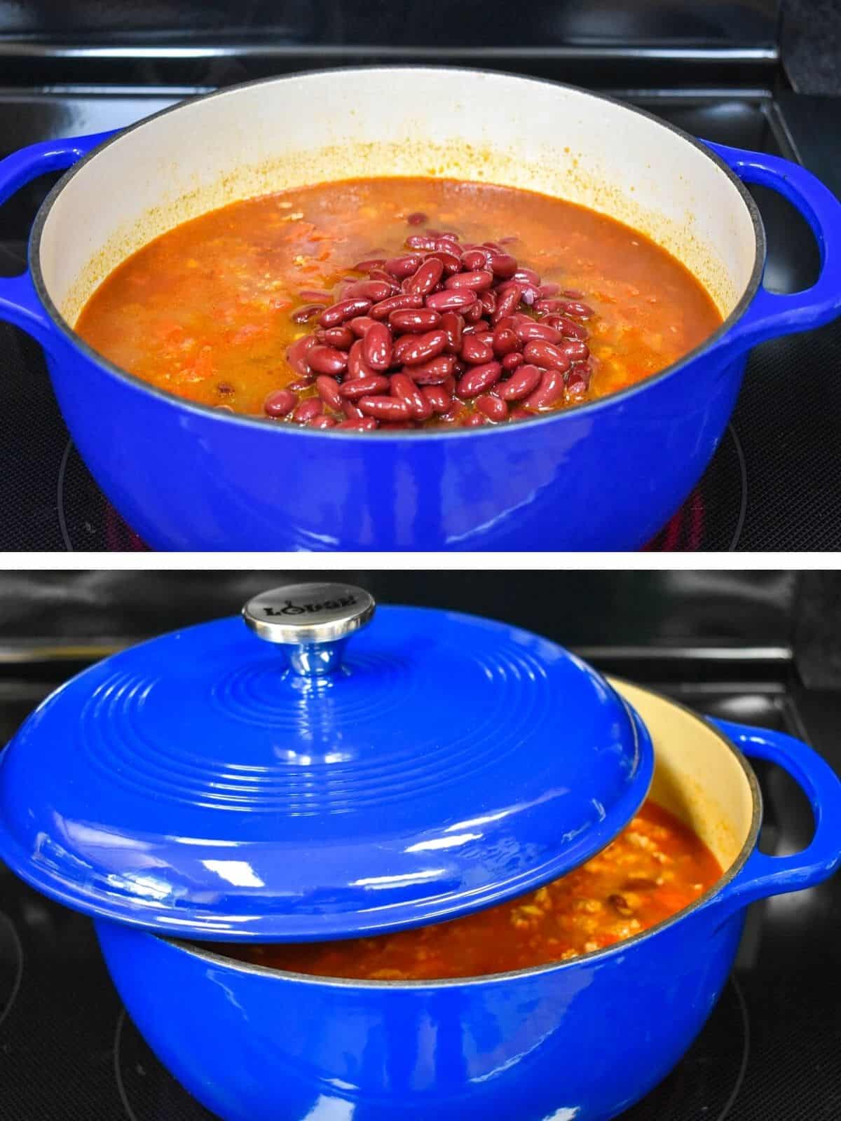 Two images of the beans added to the blue pot and the pot half covered with its lid.