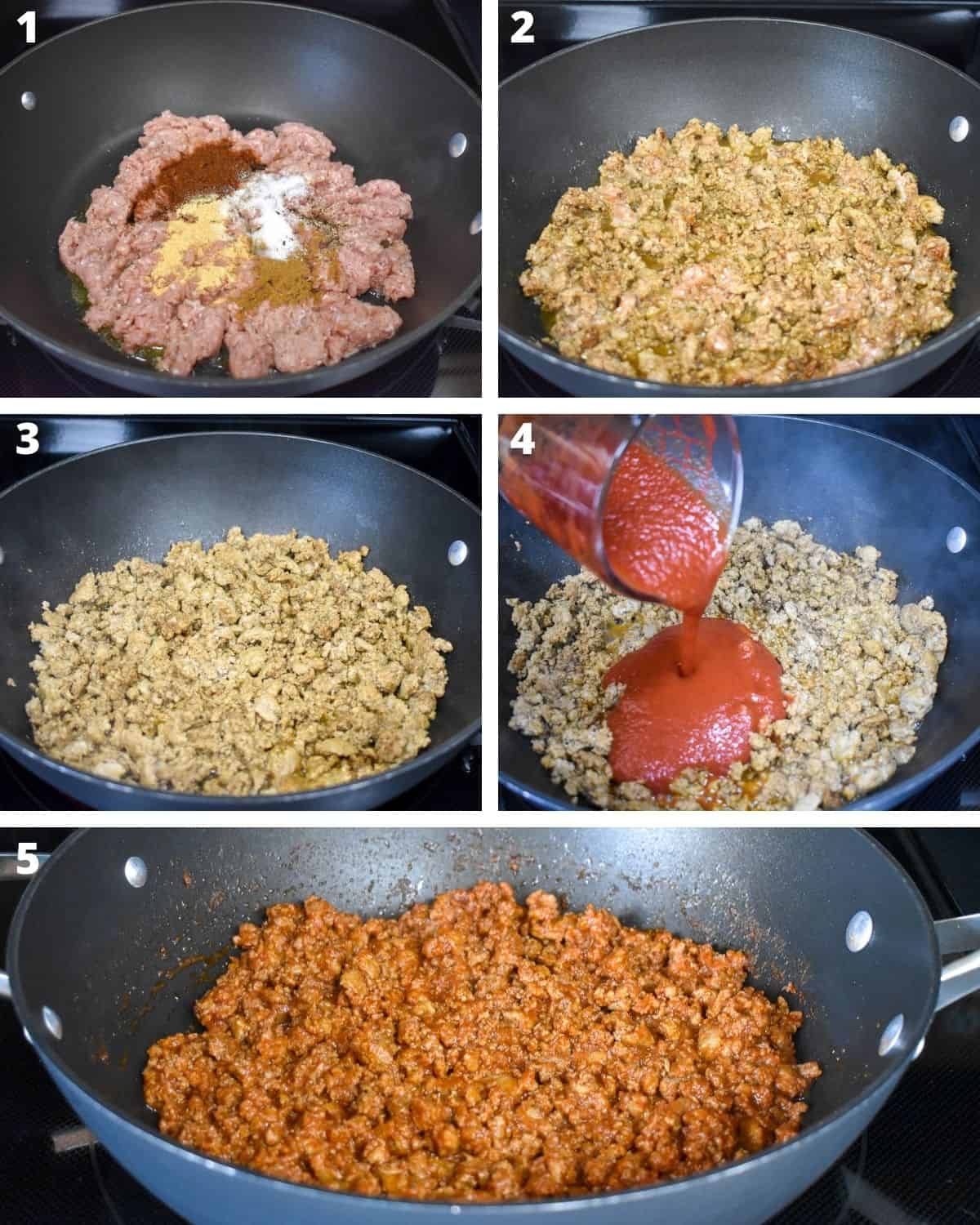 A collage of five images showing the steps to making the turkey taco meat.