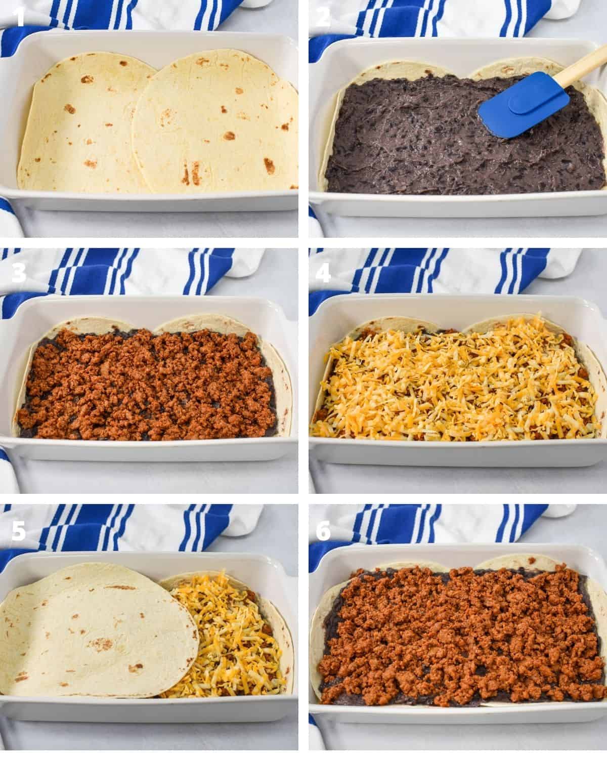 A collage of six images showing the steps to building the casserole.
