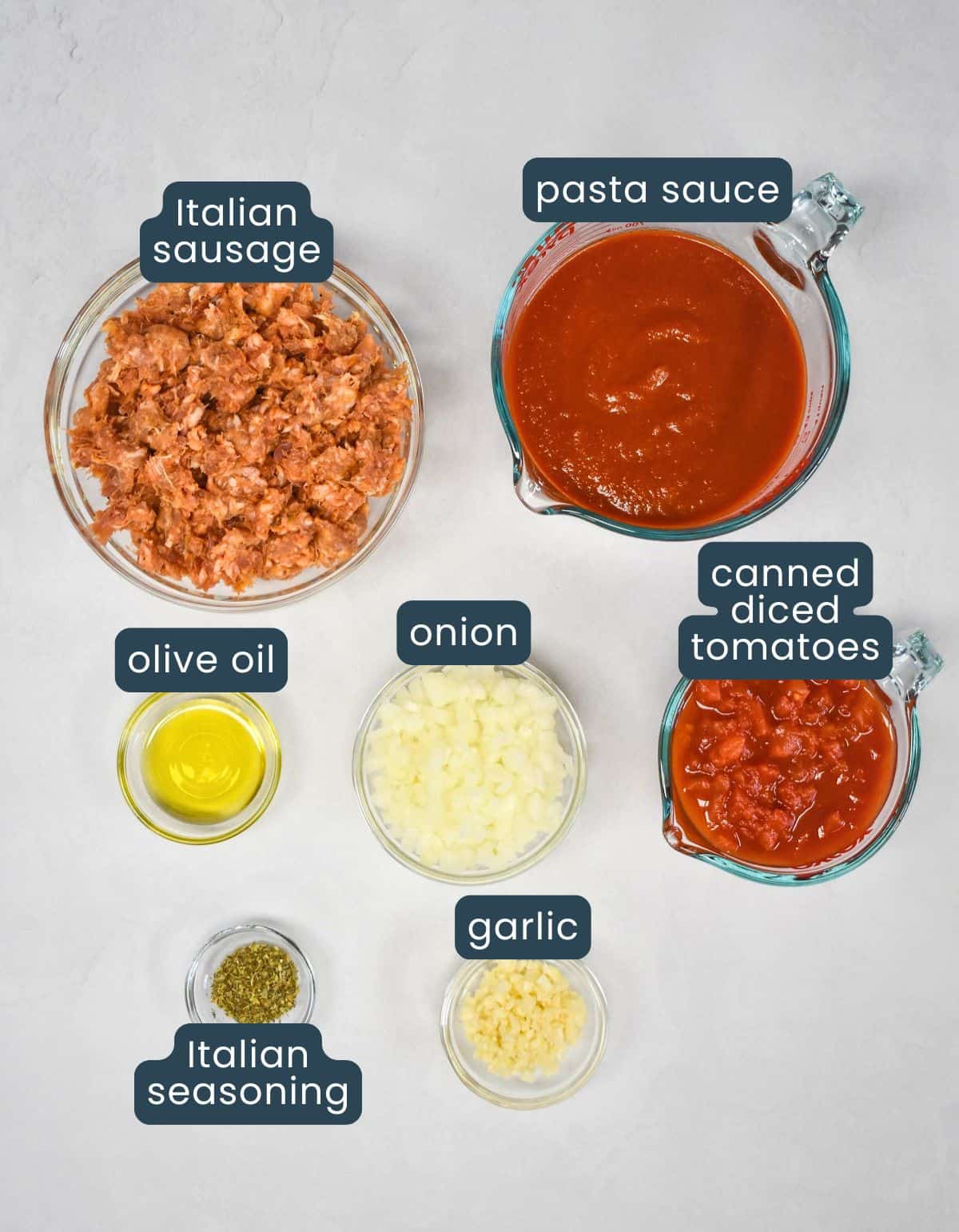 Ingredients for easy lasagna casserole sauce laid out and labeled: Italian sausage, jarred pasta sauce, olive oil, onion, canned diced tomatoes, garlic, and Italian seasoning.