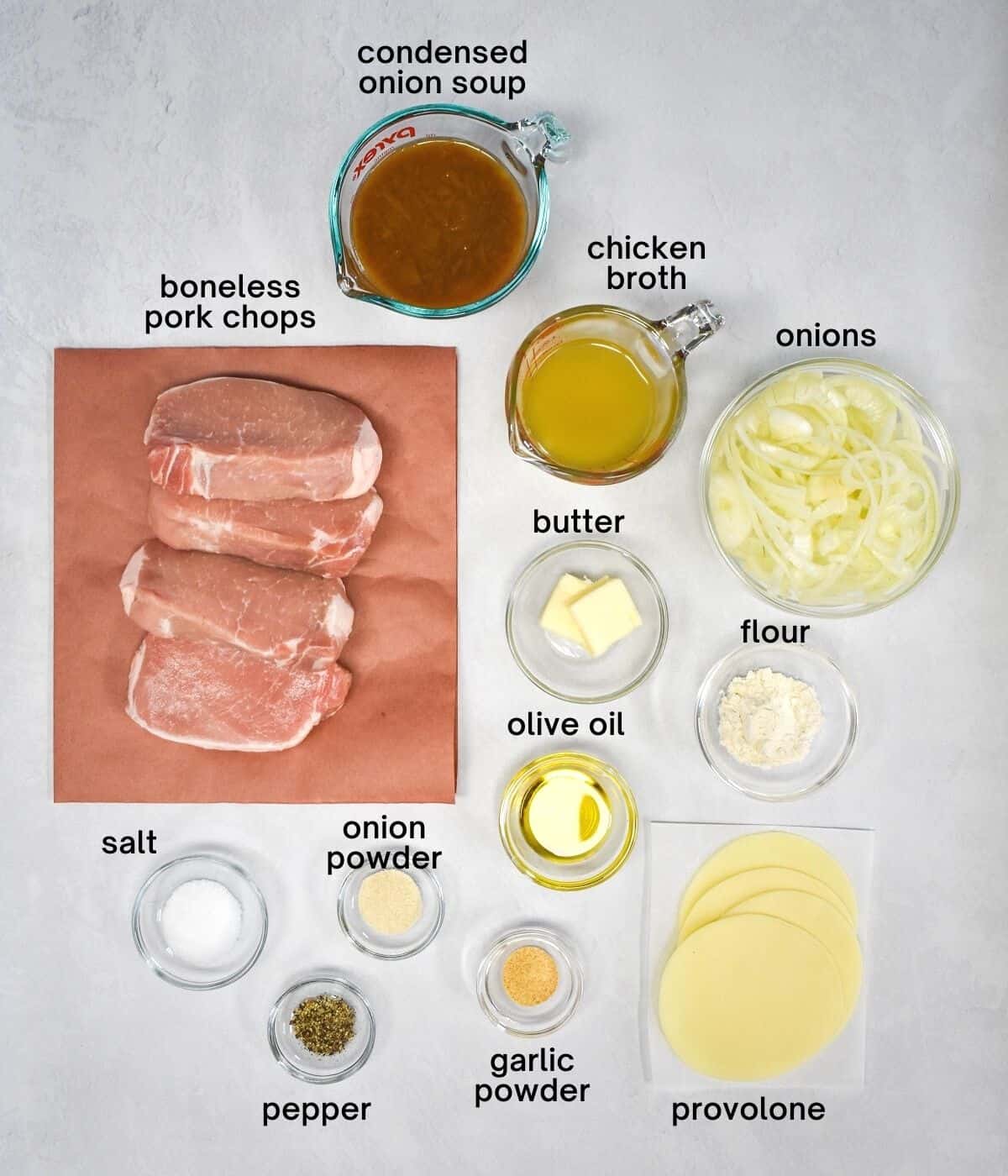 The ingredients for the onion pork chops arranged on a white table. Each one is labeled with small, black letters.
