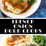 Two images of the pork chops with a black graphic in the middle with the title in white letters.