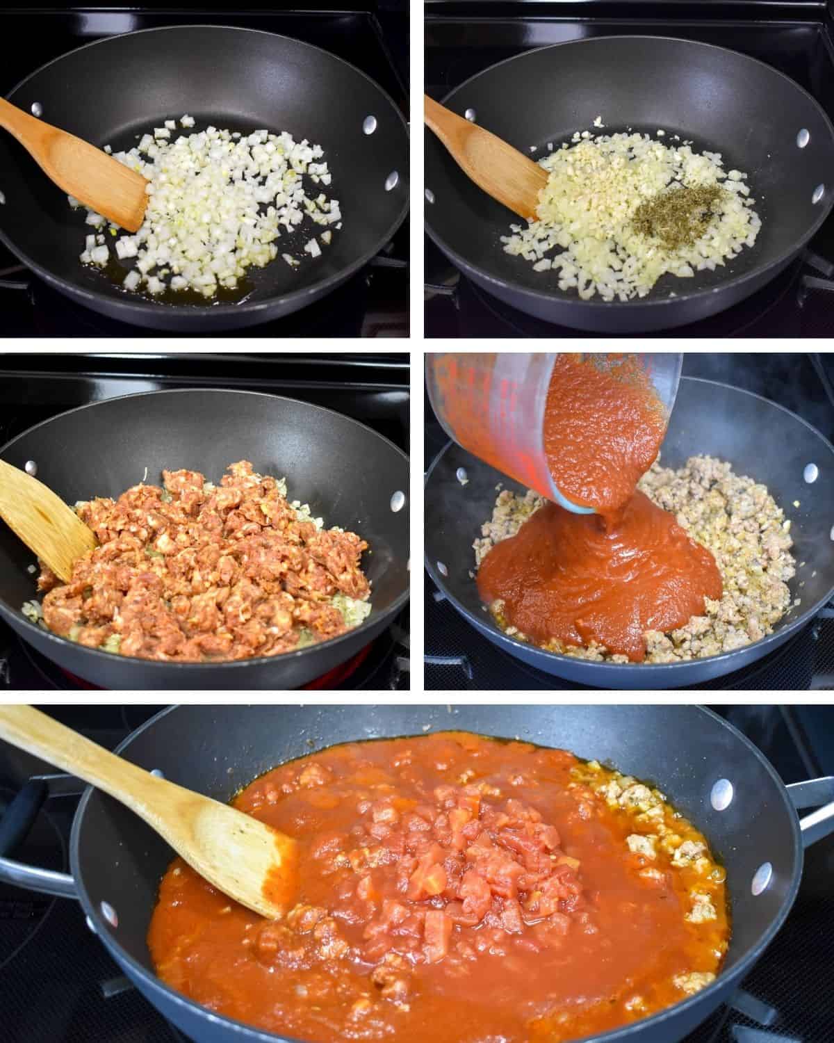 A collage of five images showing the steps to making the sauce.