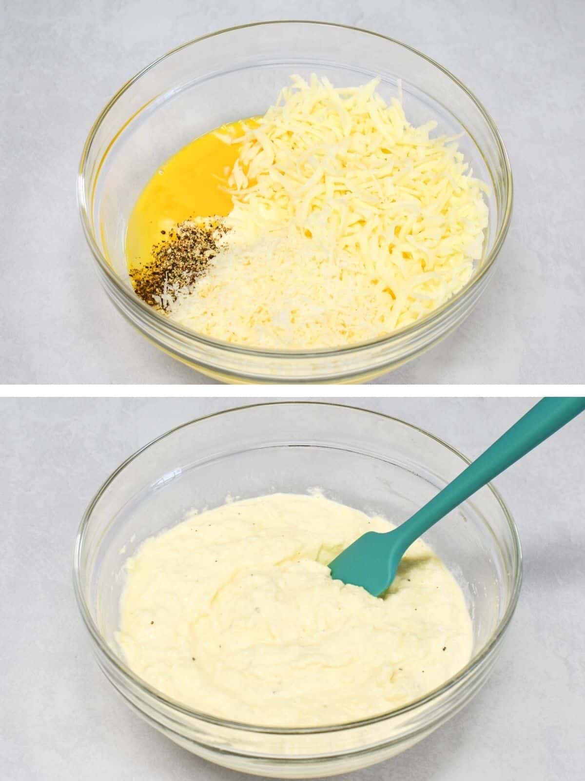 Two images showing the steps to making the cheese mixture.