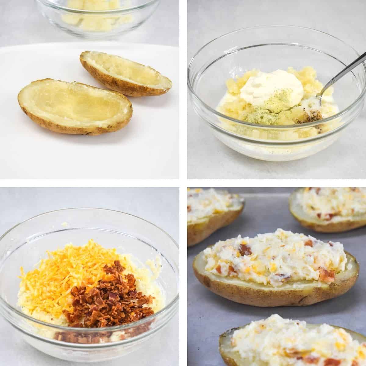 Four images showing the steps to scoop the potato, make the filling and stuff the potato.