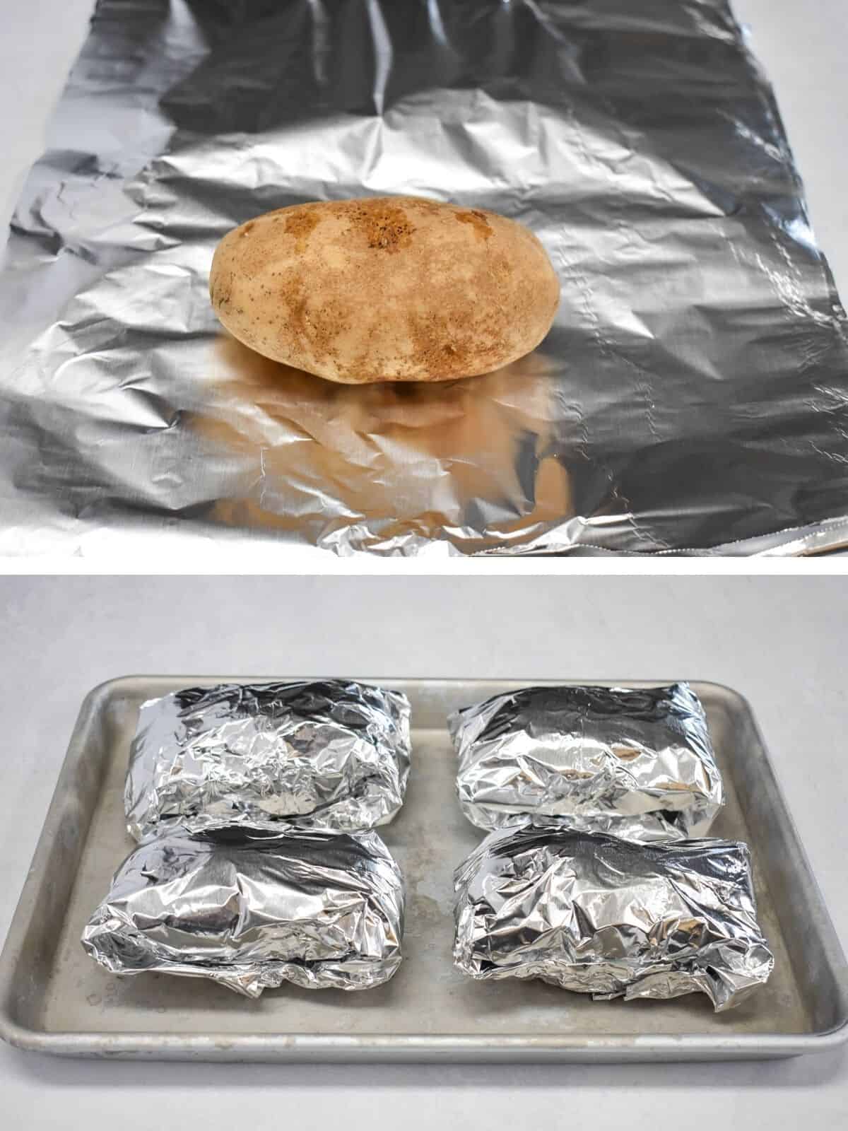 Two images showing how to wrap the potatoes in foil.