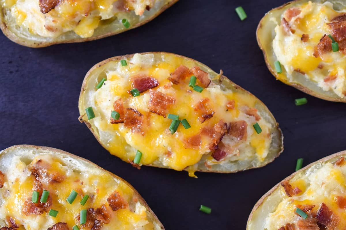 A close up of the finished twiced baked potato.