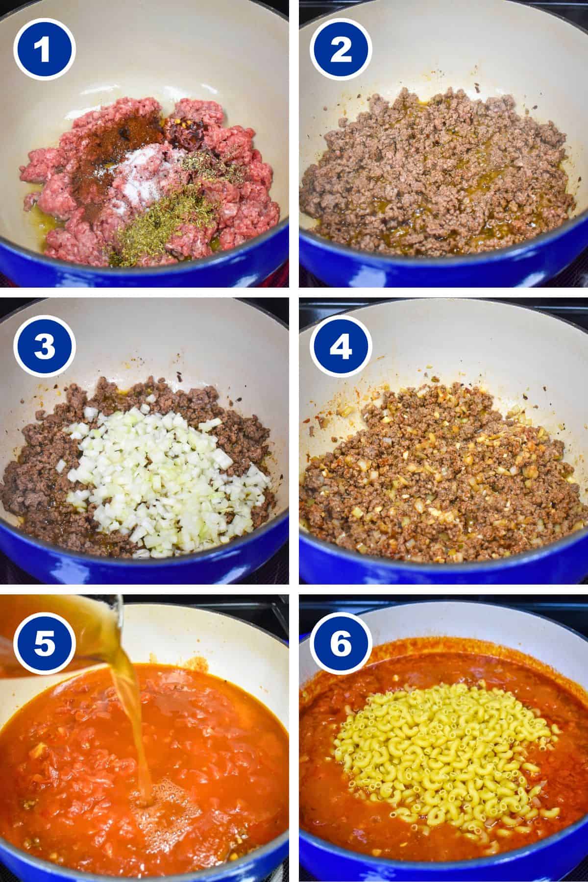 A collage of six pictures showing the steps to making the beef and macaroni.