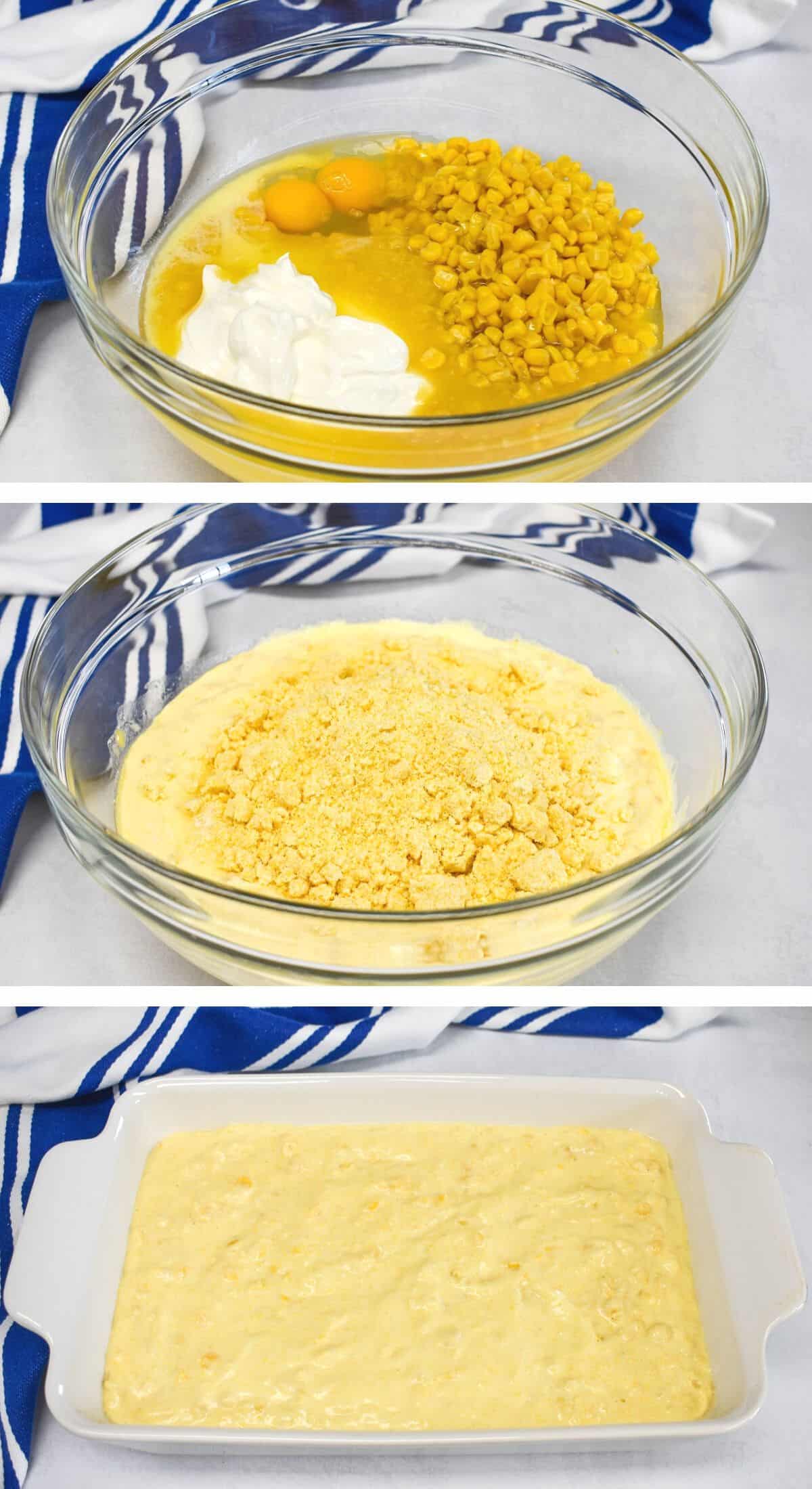 A collage of three images showing the steps to making the creamed corn casserole.
