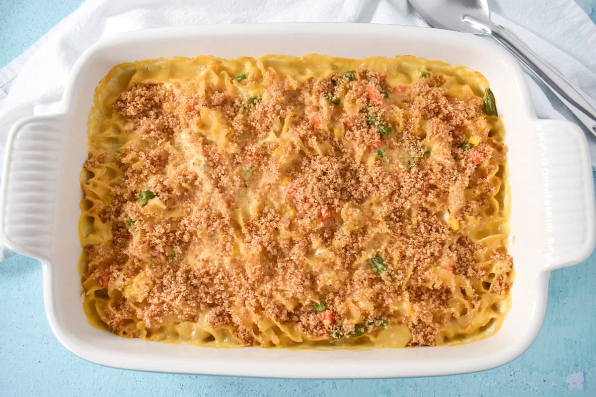 A top image of the chicken noodle casserole after baking.