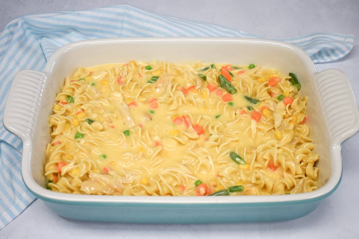 An image of the ingredients all combined in a large baking dish.