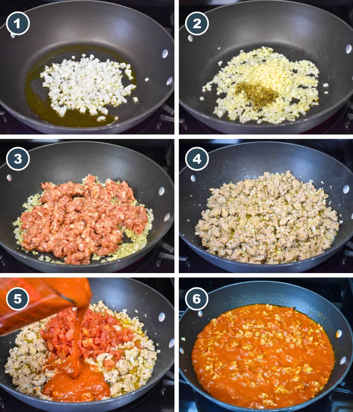 Step-by-step collage showing how to make Italian sausage pasta sauce: 1) Sauté onions in olive oil. 2) Add garlic and Italian seasoning. 3) Add sausage. 4) Brown the sausage. 5) Add diced tomatoes and pasta sauce. 6) Simmer until thickened.