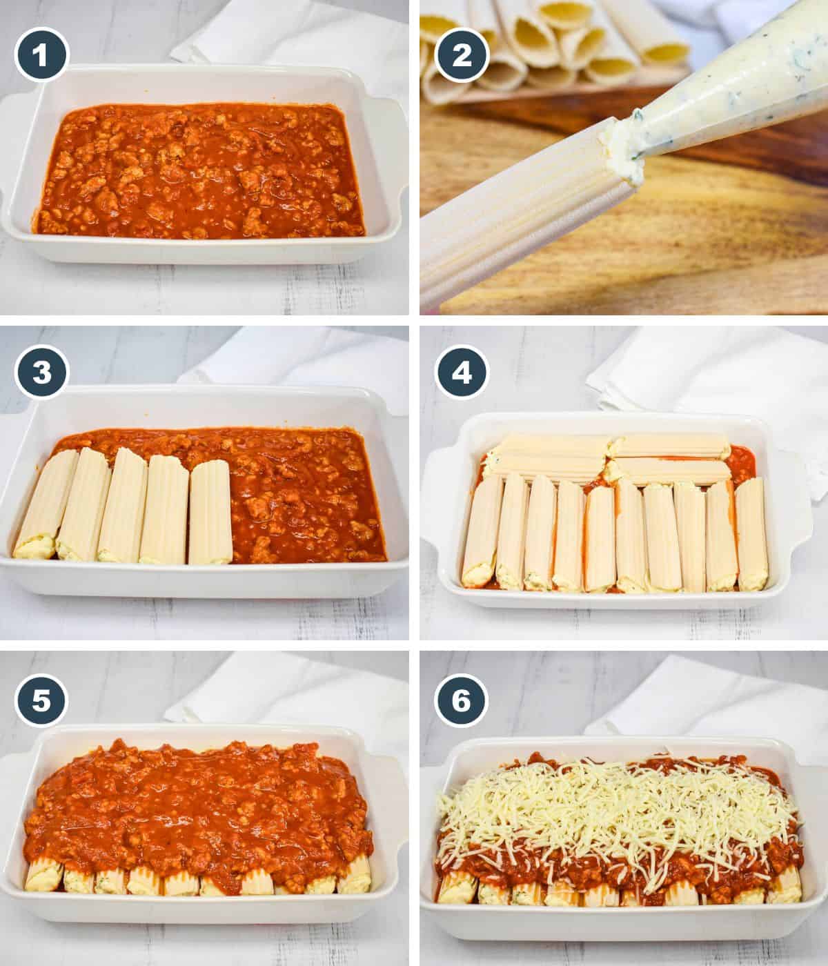 Step-by-step collage showing how to make manicotti: 1) Spread meat sauce in a baking dish. 2) Pipe cheese filling into uncooked manicotti. 3–4) Arrange filled tubes in the dish. 5) Cover with remaining sauce. 6) Top with shredded mozzarella.
