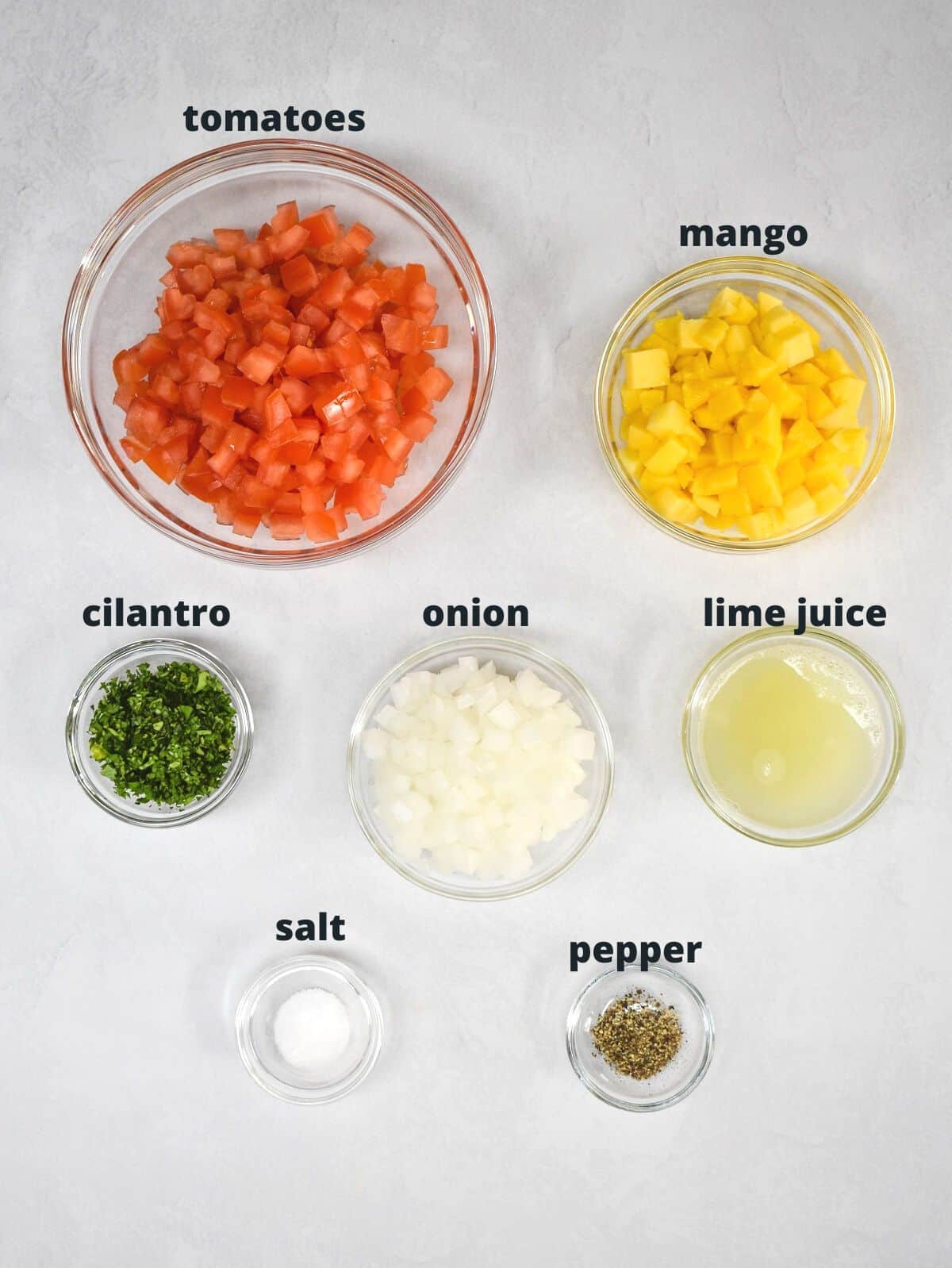The ingredients for the salsa arranged in glass bowls on a white table. Each has a small label with the name in black letters.