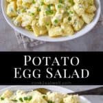 Two images of the finished potato egg salad served in a white bowl.