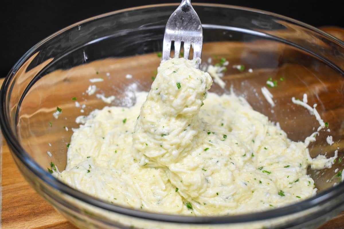 The malanga dough in a large glass bowl.