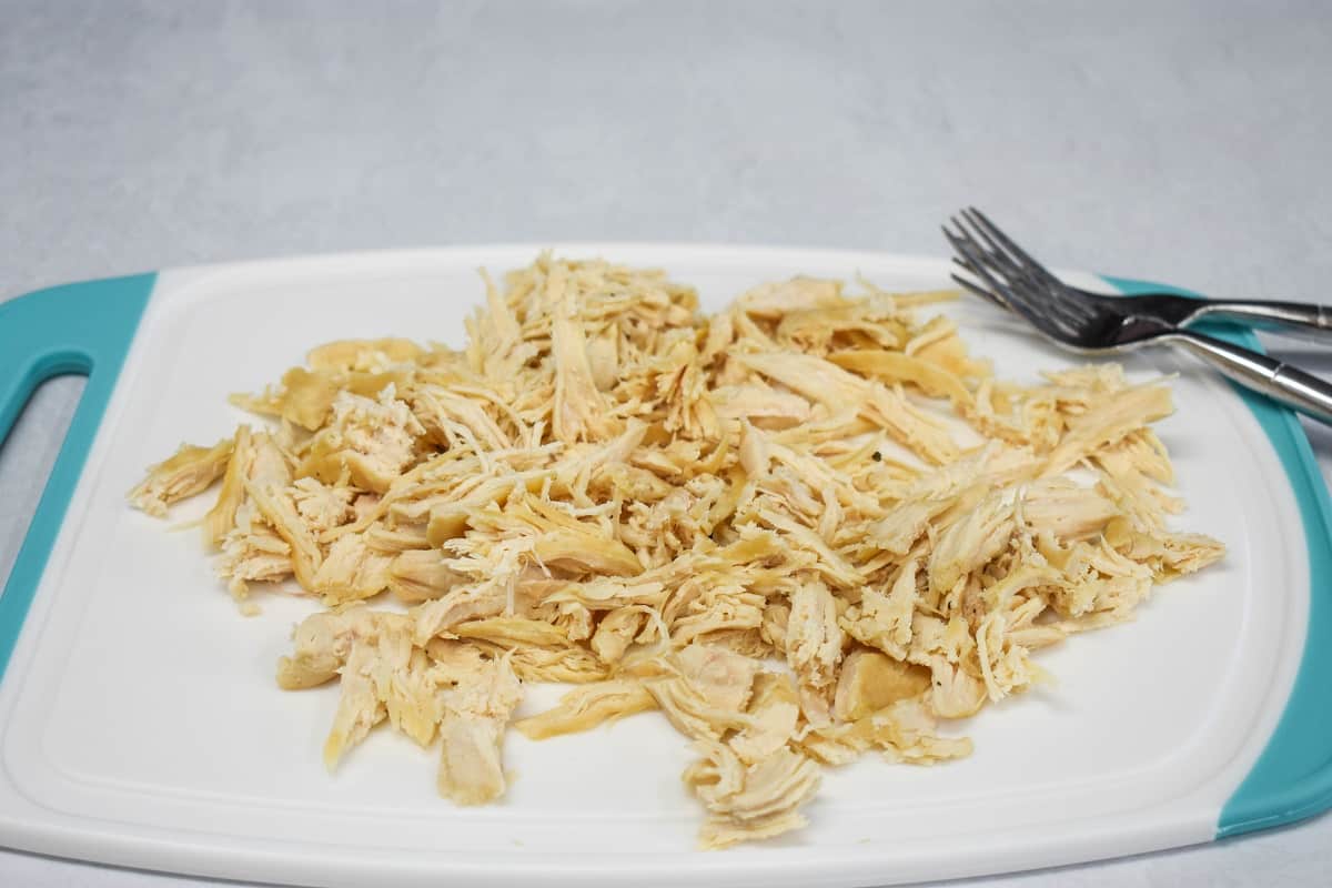 Shredded chicken breast on a white and aqua cutting board with two forks on the side.