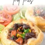 The mini beef pot pie on a white plate with a salad in the background and the title in black letters over the pictures.