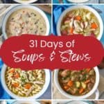 A collage of eight images of soups featured in the article with a red graphic in the center with the title in white letters.