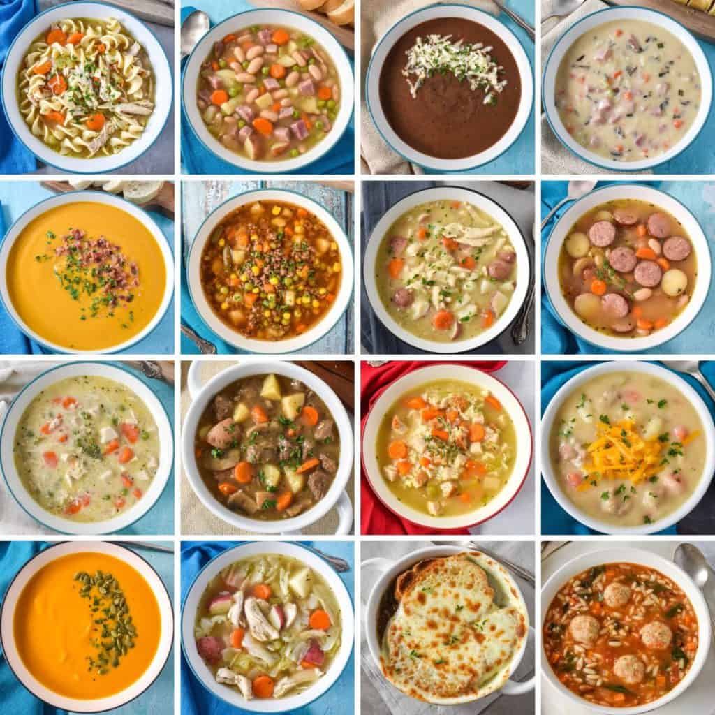 A collage of sixteen soup recipes that are featured in the article.