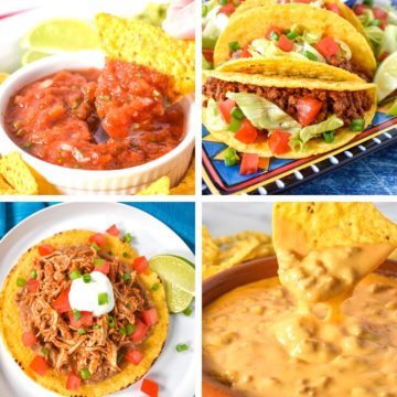 A collage of four images, salsa, tacos, chicken tostadas, and chorizo cheese dip.