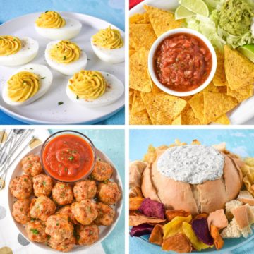 A collage of four images, deviled eggs, salsa, sausage cheese bites, and creamy spinach dip.