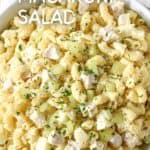 A close-up of the chicken macaroni salad in a white serving bowl with a white graphic on the top with the title.