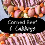 Two images of the corned beef and cabbage with a black graphic in the center with the title in white letters.