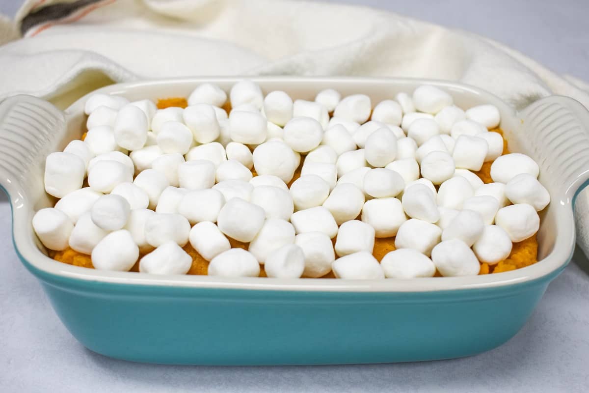 Marshmallows covering the casserole before baking.