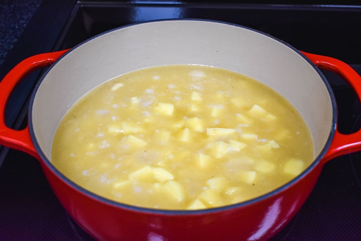 Diced potatoes added to the chicken broth in a large, red pot.