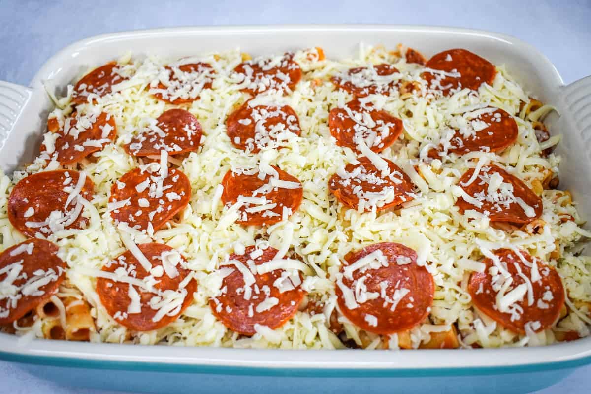 The prepared pizza pasta casserole without the breadcrumbs on top.