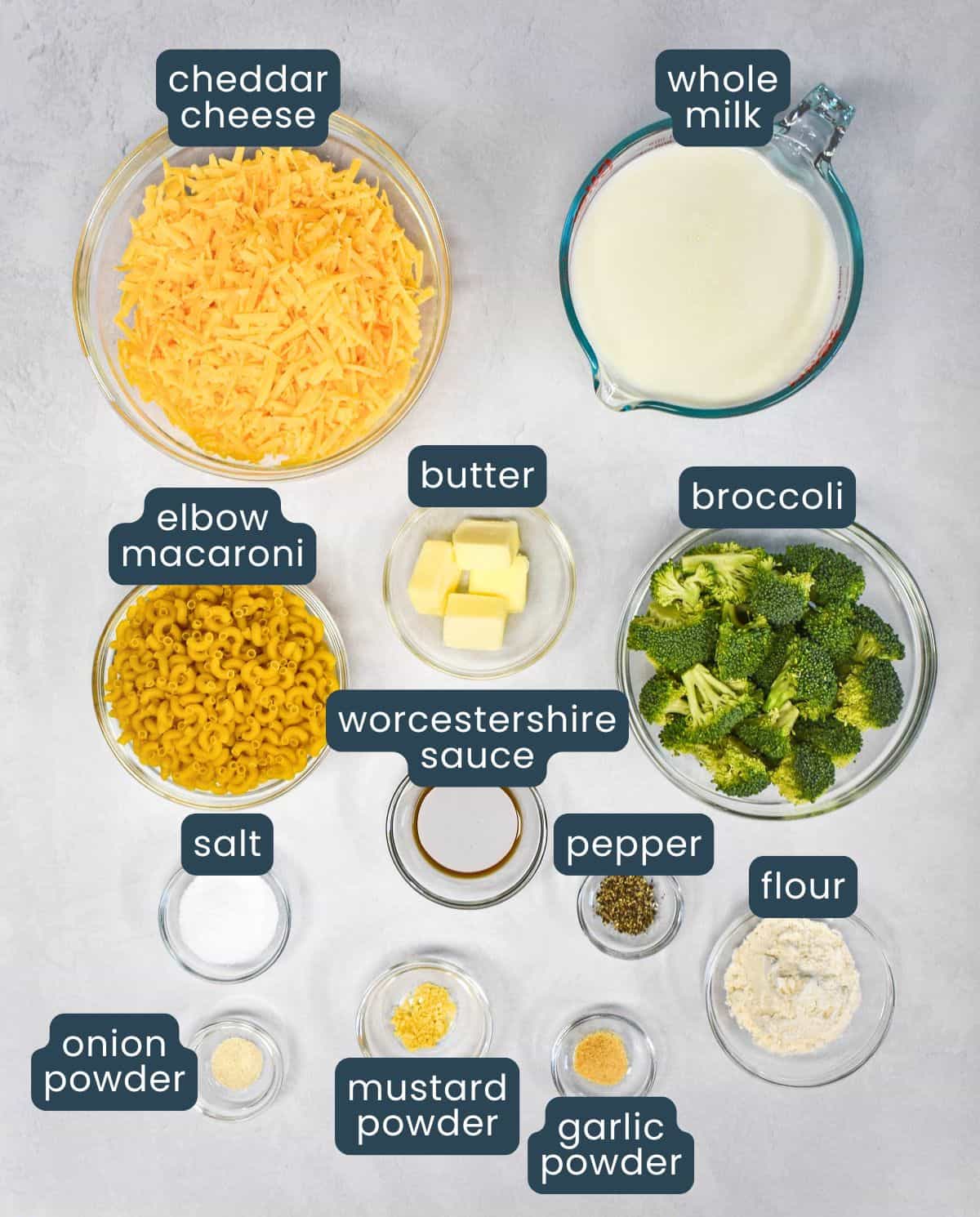 The ingredients for the broccoli mac and cheese prepped and arranged in glass bowls on a white table, with each labeled in white and blue letters.