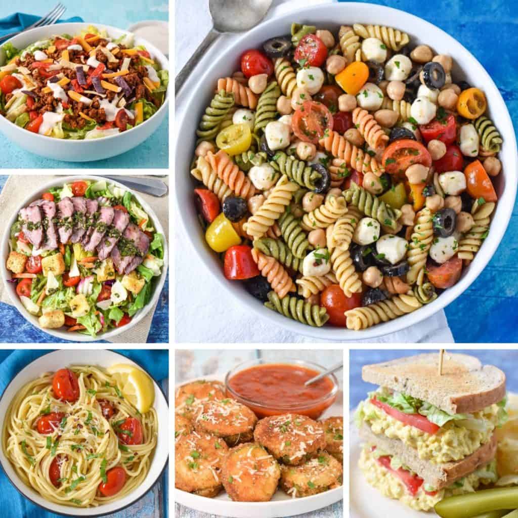 A collage of six images featured in the article from left to right, taco salad, steak salad, pasta with tomatoes and basil, chickpea pasta salad, zucchini rounds, and egg salad sandwich.