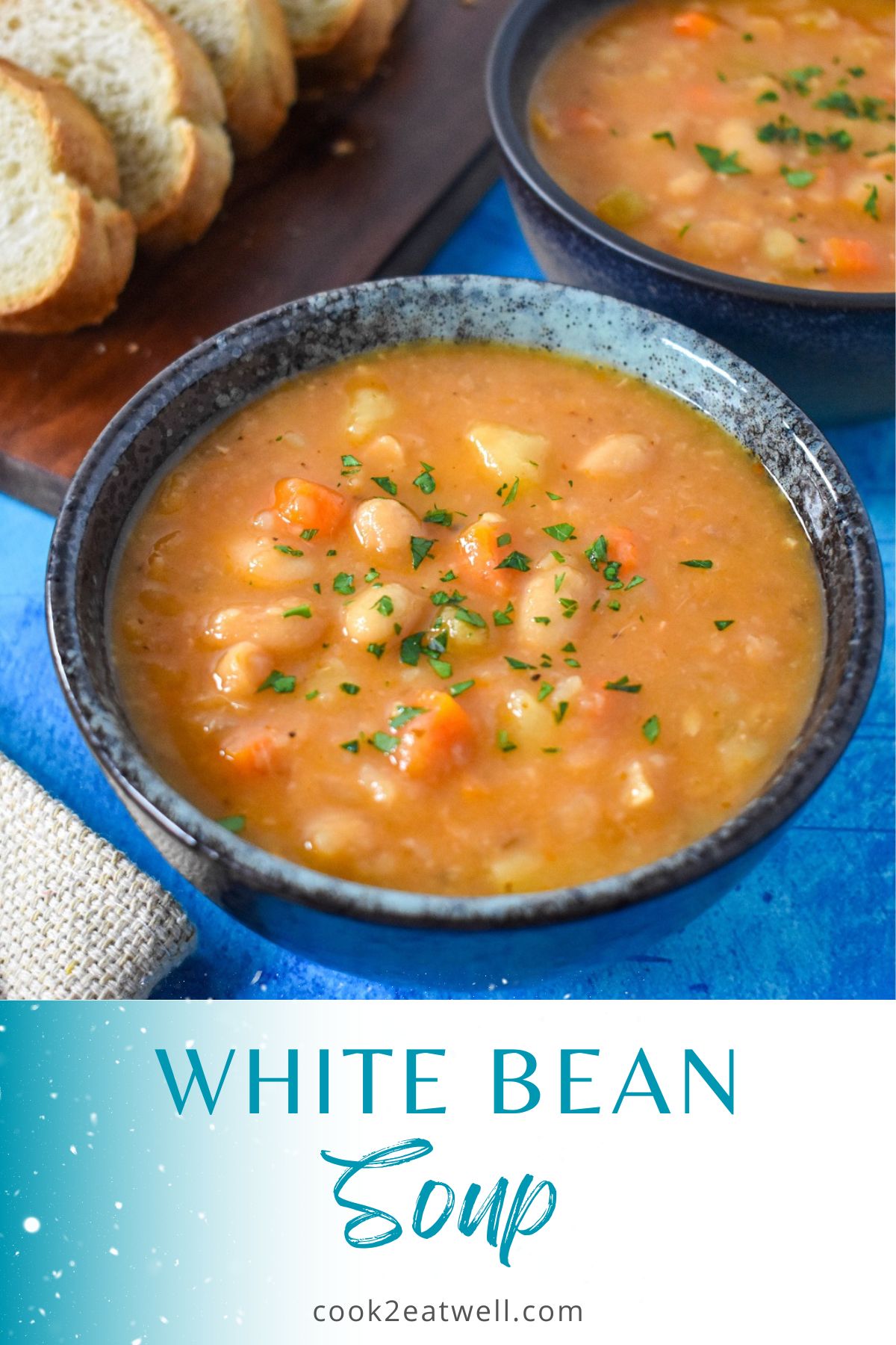 A close up of the finished soup served with sliced bread with a teal and white graphic underneath with the title in teal letters.