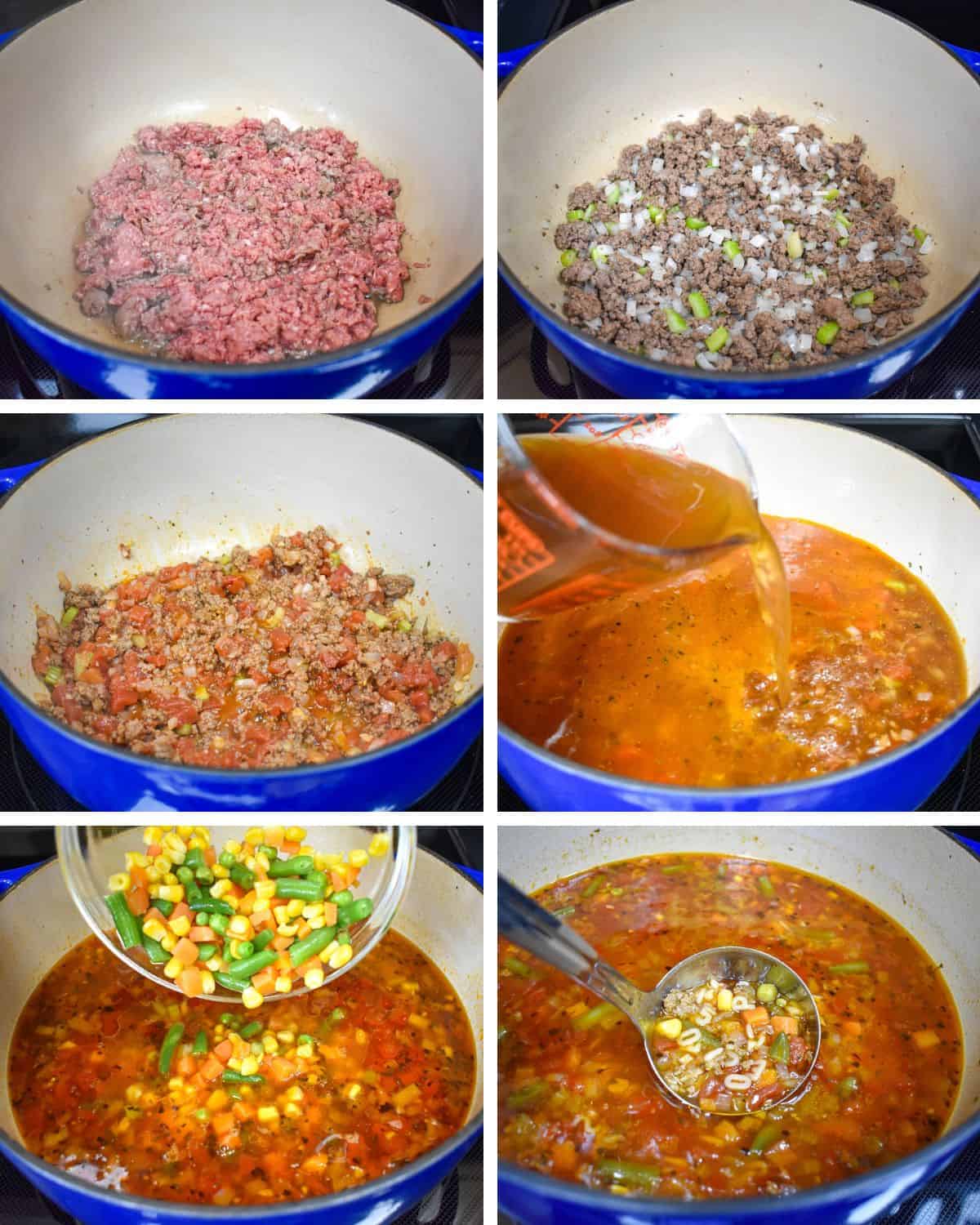A collage of six images showing the progress of making the alphabet soup.